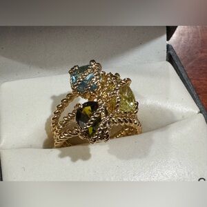Elegant Unique Gold Plate and Multicolor Gemstone Ring Women’s Size 8